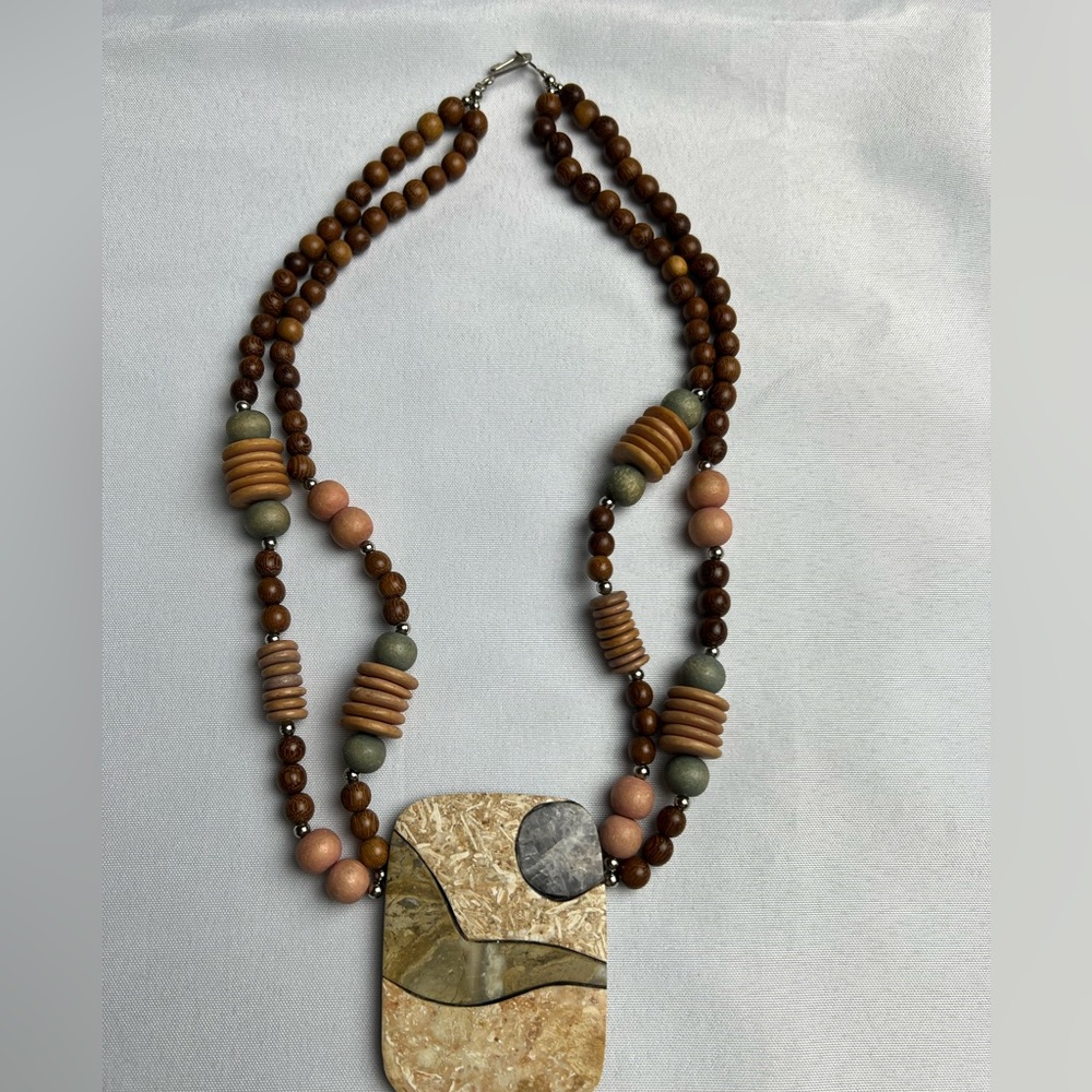 Wood & Metal Double Strand Necklace with Acrylic & Stone Pendant - Picture 7 of 8